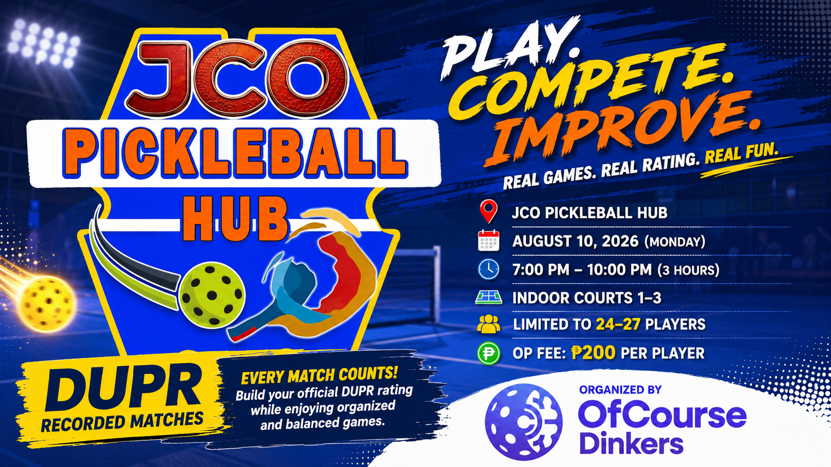 (DUPR MATCH) JCO Pickleball Hub - Open Play at 7PM - 10 PM (August 10, 2026 - Monday)