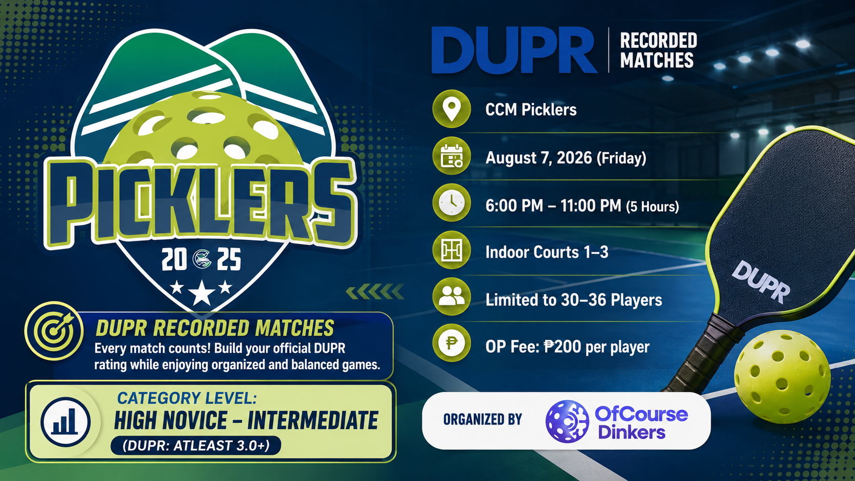 (DUPR MATCH) CCM Picklers - Open Play at 6PM - 11 PM (August 7, 2026 - Friday) - High Novice - Intermediate (DUPR - 3.0 Plus)