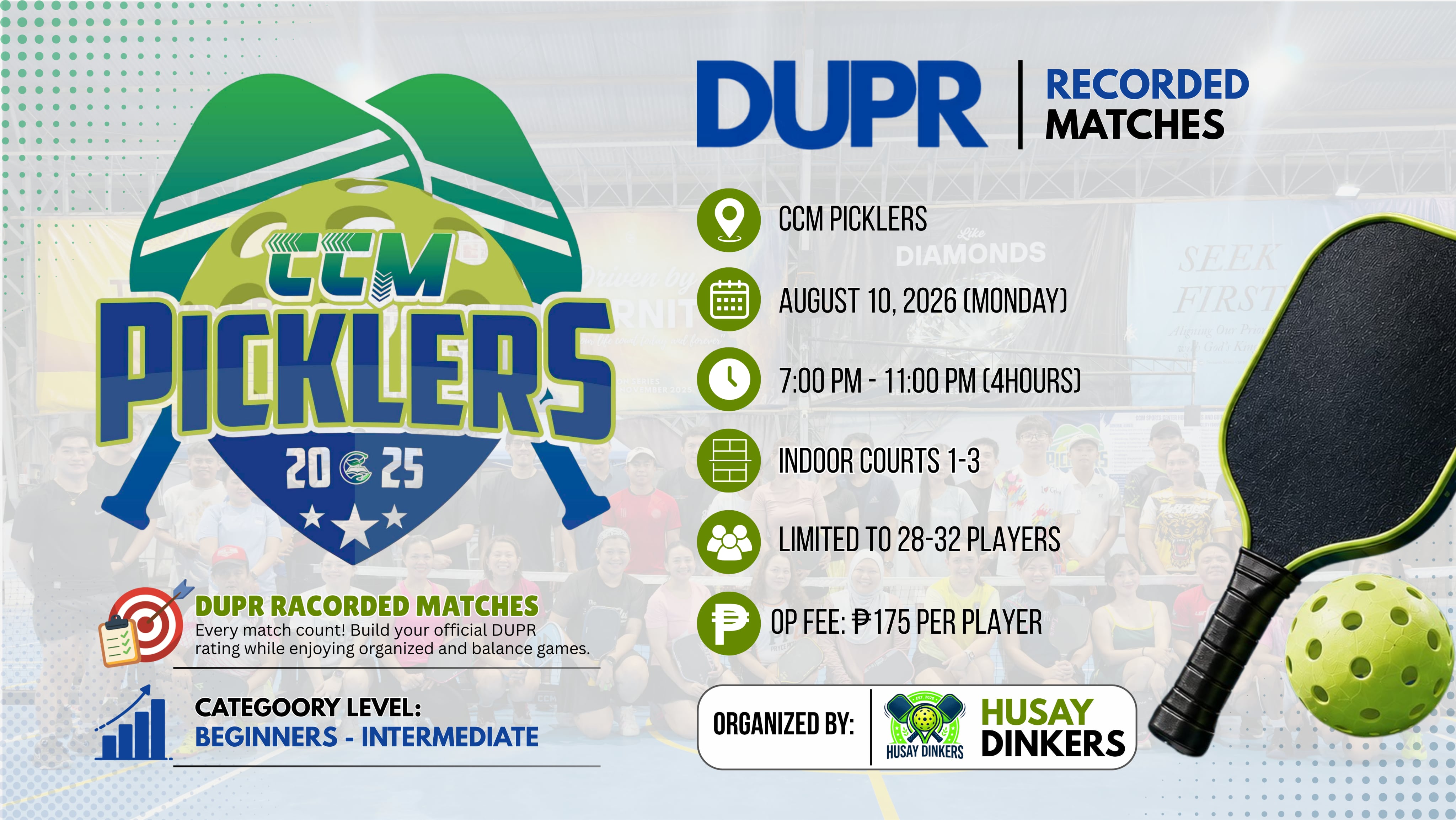 HUSAY DINKERS OPEN-PLAY @CCM PICKLERS | 7PM - 11PM