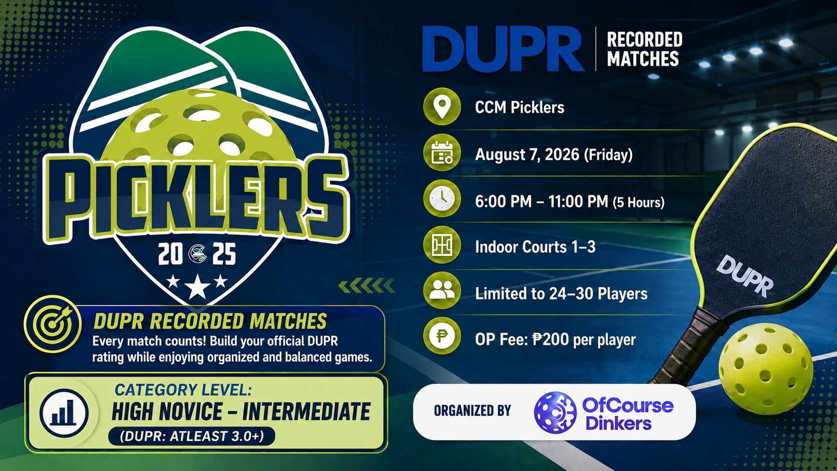 (DUPR MATCH) CCM Picklers - Open Play at 6PM - 11 PM (August 7, 2026 - Friday) - High Novice - Intermediate (DUPR - 3.0 Plus)