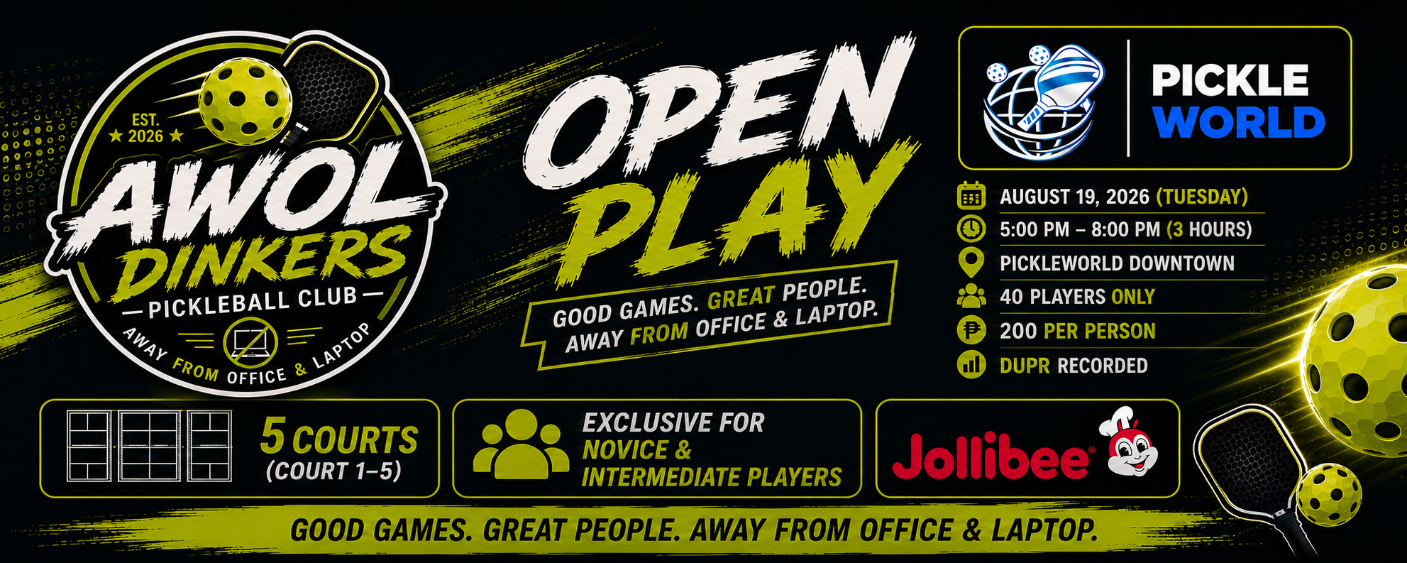 AWOL DINKERS - DUPR OPEN PLAY (Novice/Intermediate Only)