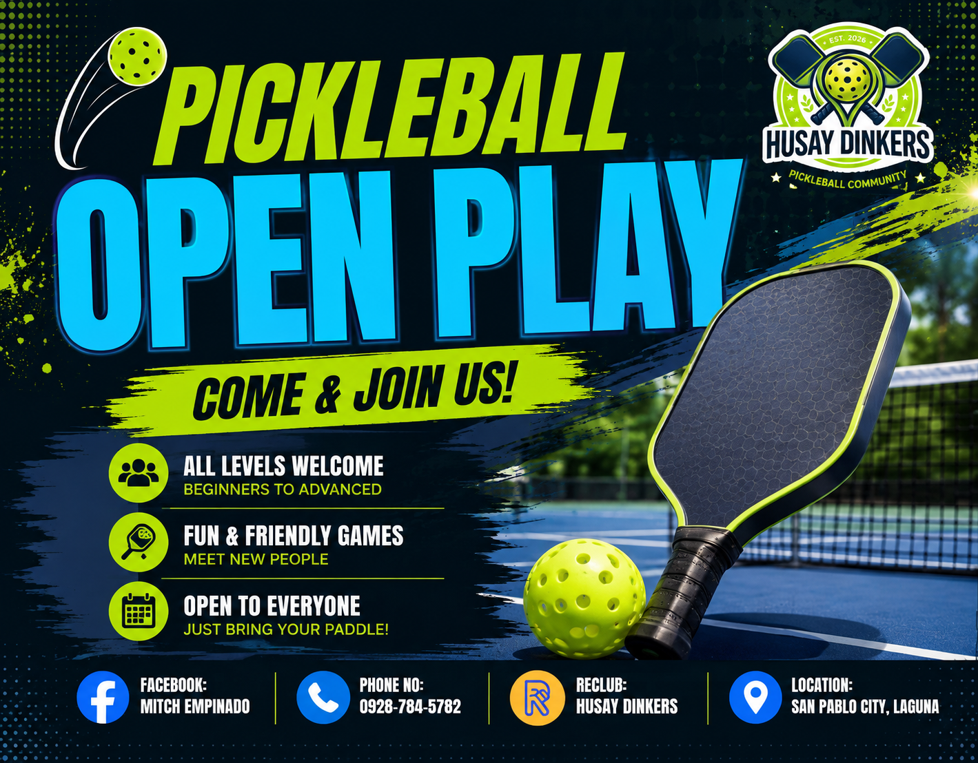 HUSAY DINKERS OPEN-PLAY @CENTRAL PICKLEHUB | 8PM-1AM